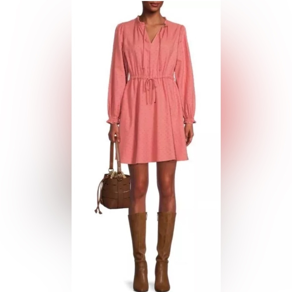 NWT Time and Tru Women's Long Sleeve Peasant Dress, Pink Camellia, Large 8-10